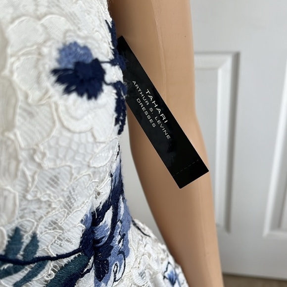 Brand New Tahari Cream Lace Dress w/ Embroidered Flowers Cris Cross Floral - Picture 6 of 16